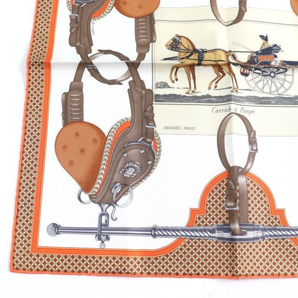 Hermes 25SS Gavroche Twill Caric-a-pomp 100% Silk Blanc/orange/brun Scarf With - Picture 6 of 11